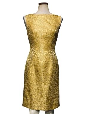 Vintage 60s Gold Brocade Sheath Cocktail Dress XS Old Hollywood Glamour Mod